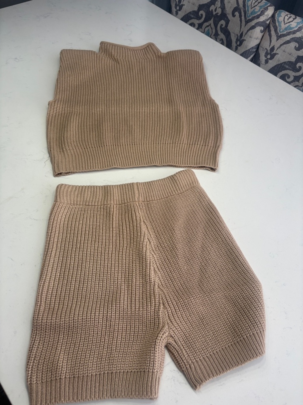 Neutral Knit Crop Top & High-Waist Shorts Set